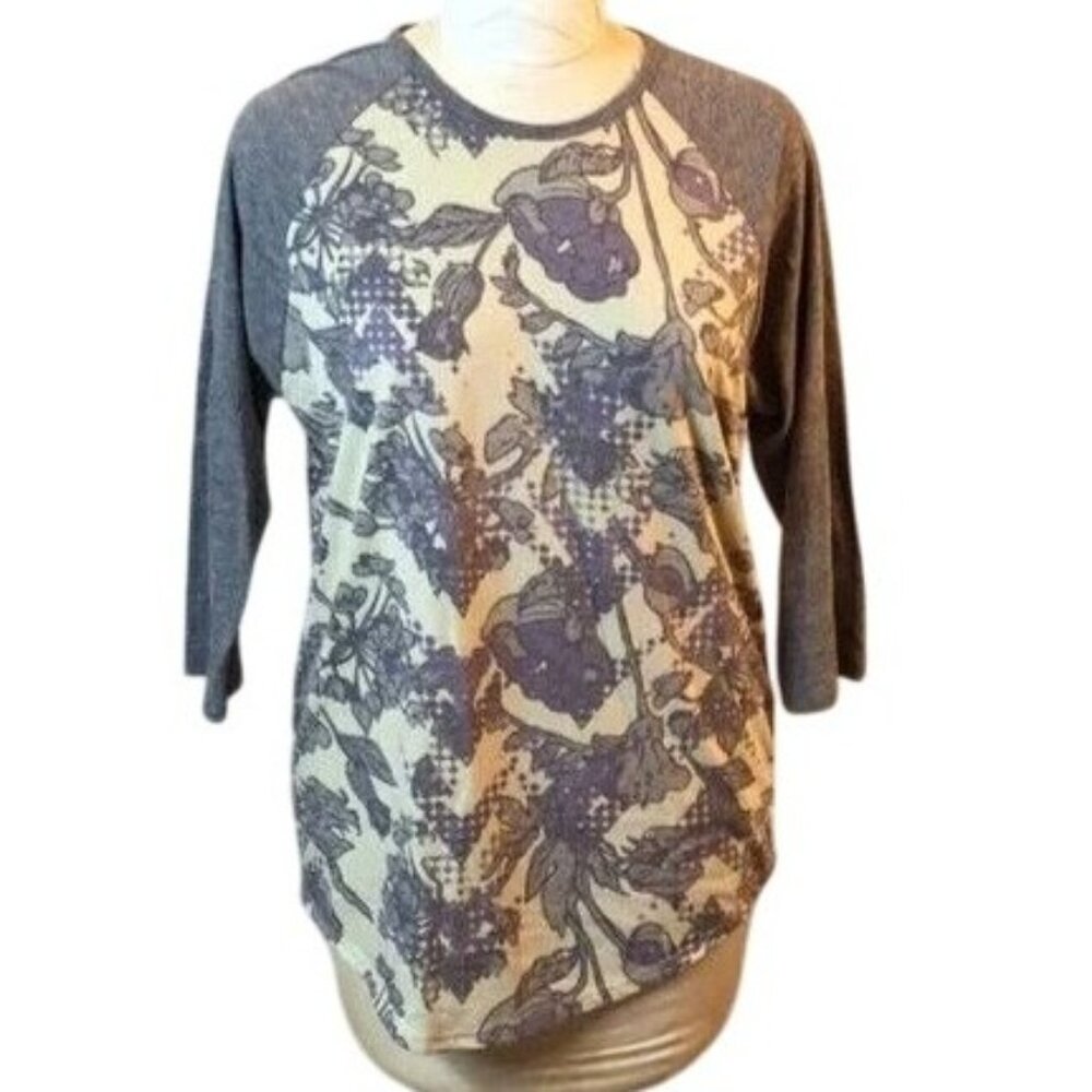 LuLaRoe Womens Floral 3/4 Sleeve Tee Top Purple & Cream XL